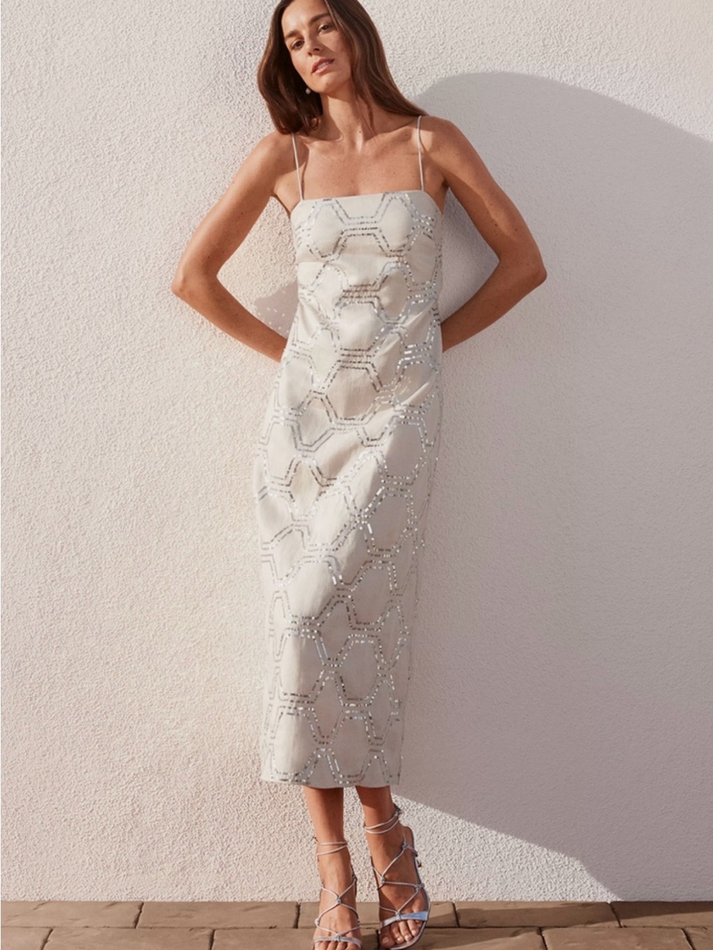 Ann Taylor Ivory Beaded Slip Midi Dress